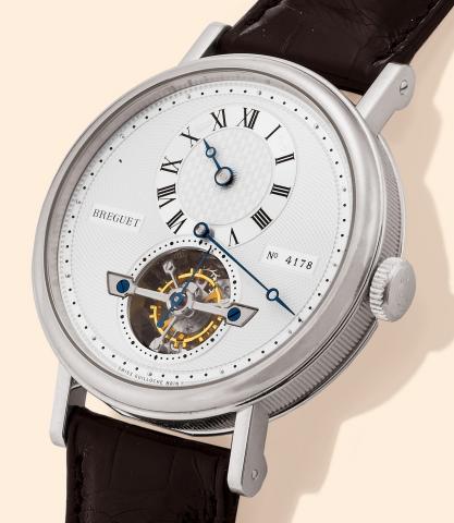 Breguet, Tourbillon , No. 4178, Ref. 5307. Made circa 2000..Very fine and rare, large, skeletonized, self-winding, platinum.gentleman's wristwatch with visible one-minute tourbillon regulator.regulator dial and a platinum Breguet deployant clasp.
