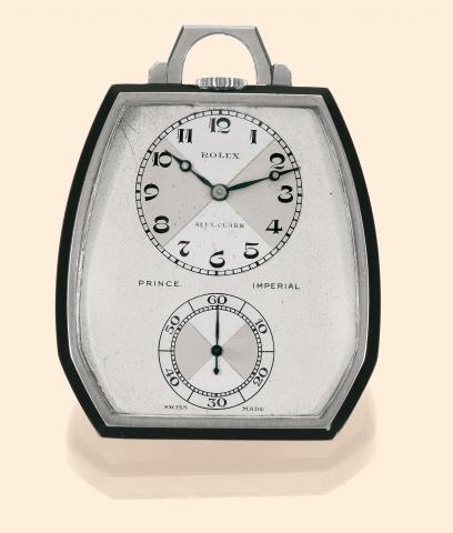 Ref. 1585 Stainless Steel.and Enamel Prince.Imperial.Rolex, Prince Imperial Ref. 1585.case No. 1003309. Made circa 1940 and.retailed by Alex Clark..Fine, stainless steel and black enamel.keyless dress pocket watch with Class.A Observatory movement.