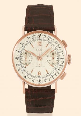 Pink Gold Ref. 3371 Antimagnetic.Rolex, Antimagnetic, Ref. 3371. Made in the 1940s..Very fine, large and rare, 18K pink gold gentleman's wristwatch with.square button chronograph, register, tachometer, and telemeter with.a yellow gold Rolex buckle.