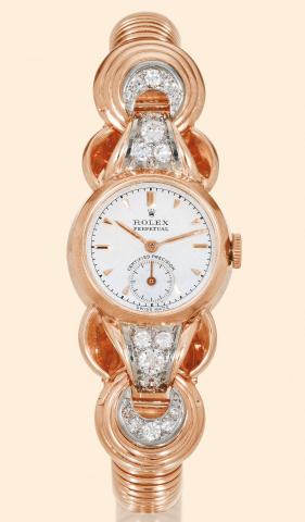 Ref. 4487 Perpetual Certified Precision.Rolex, Perpetual Certified Precision, Ref..4487. Produced in the 1940s..Very fine and unusual, self-winding, diamond-set 18K pink.gold lady's wristwatch with hinged hooded lugs and an integral.18K pink gold bracelet