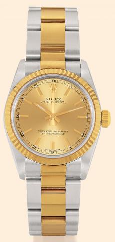 Ref. 77513 Oyster Perpetual.Rolex, Oyster Perpetual, Superlative Chronometer.Officially Certified, Ref. 77513..Made circa 2000..Fine, tonneau shaped, center-seconds, self-winding, waterresistant.stainless steel and gold lady