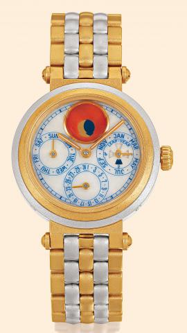 Perpetual Calendar.G_rald Genta, Automatic.Ref. G. 3144.7..Produced in the 1990s..Very fine, astronomic, self-winding.water-resistant, 18K yellow and white.gold gentleman's wristwatch with perpetual.calendar, moon phases and leap.year indication, and an 1
