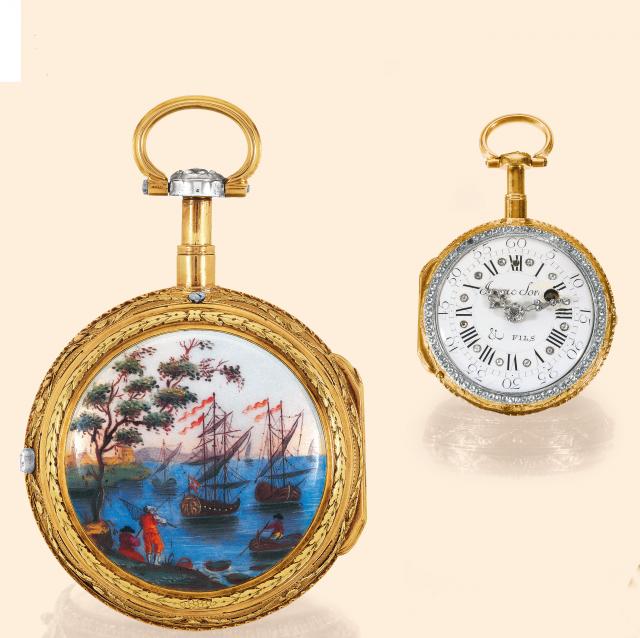 Calm Harbor.Isaac Soret Fils, Geneva, No. 14835. Made for the Islamic market, circa 1780..Fine, 18K gold and painted on enamel, rose-cut diamond-set quarter-repeating pocket watch.