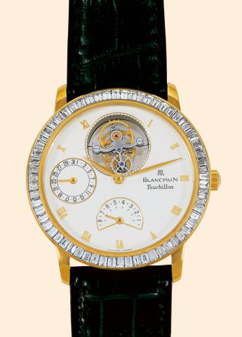 Diamond.Tourbillon No. 1.Blancpain, Tourbillon.No. 1, Ref. 0023. Made in the.1990s..Very fine and rare, water-resistant, 18K.yellow gold and diamond gentleman's wristwatch.with visible one-minute flying tourbillon.regulator, 8-day power reserve indication