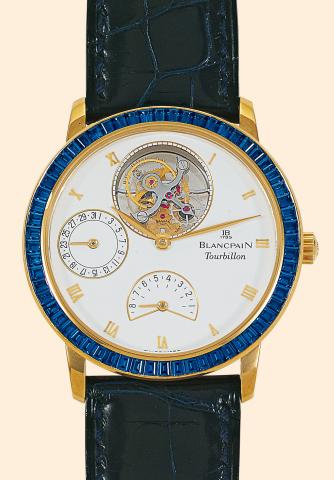 Sapphire Tourbillon No. 1.Blancpain, Tourbillon No. 1, Ref..0023. Made in the 1990s..Very fine and rare, water-resistant, 18K yellow gold and.blue sapphire gentleman's wristwatch with visible oneminute.flying tourbillon regulator, 8-day power reserve.indi
