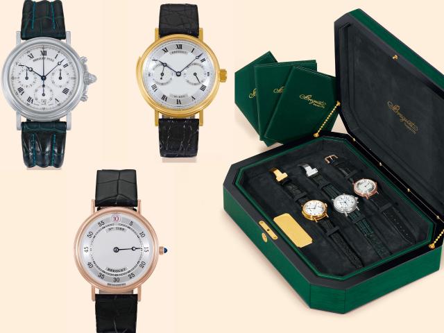 Breguet. No. 1189G, No. 2123D and No. 935G, Set No. II/III. Made circa 2000..Very fine and exceptionally rare set of three watches comprising a pink gold wristwatch with jumping hours, a.platinum wristwatch with chronograph registers and date, and a yello