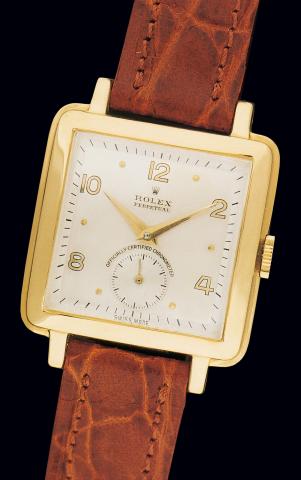 Ref. 4645, So-Called Cioccolatone.Rolex, Perpetual, Chronometer Officially Certified.Ref. 4645. Case No. illegible, stamped with No. 47 representing.this watches number within the production of this reference. Made in.the 1940s..Fine and rare, square with