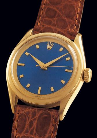 Ref. 6100, Blue Enamel Dial.Rolex, Super-Oyster, Ref. 6100. Case No. 902546. Made.in 1952..Exceptionally rare and fine, center-seconds, self-winding, water-resistant, 18K.yellow gold gentleman