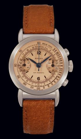 Ref. 2919 Half-Hooded Lugs.Rolex, Anti Magnetic Ref. 2919. Case No.031753. Made in 1937..Very fine and extremely rare, stainless steel gentleman's wristwatch with.half-hooded lugs, olive button chronograph, register, tachometer and stainless steel Rolex.b