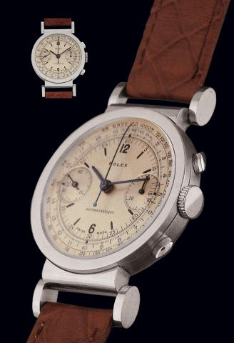 Ref. 2918 Hinged Oval Lugs.Rolex, Antmagnetique, Ref. 2918. Case No.0317283. Made in 1937..Very fine and extremely rare, stainless steel gentleman's wristwatch with.hinged oval lugs, olive button chronograph, register, tachometer and stainless steel.Rolex