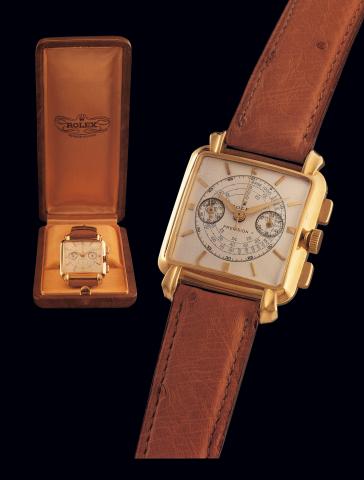 Ref. 8206, Gabus.Rolex, Precision, Ref. 8206. Case No. illegible. Made circa 1950..Very fine and rare, small, carr_ galb_, 18K yellow gold wristwatch with.square button chronograph, register, tachometer and yellow gold Rolex buckle.