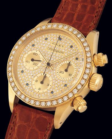 Ref. 6269 Diamond Cosmograph.Rolex, Cosmograph, Oyster (Superlative Chronometer, Officially.Certified), Ref. 6269/6263. Case No. 9676144. Made in 1986..Fine and rare, water-resistant, 18K yellow gold gentleman's wristwatch with.round button chronograph, r