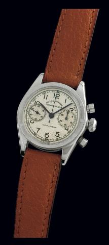 Ref. 3481 Stainless Steel Antimagnetic.Rolex, Oyster Chronograph Antimagnetic, Ref. 3481. Case.No. 122022. Made in 1939..Very fine and very rare, stainless steel, water-resistant, mid-sized wristwatch with.round-button chronograph, register and stainless 