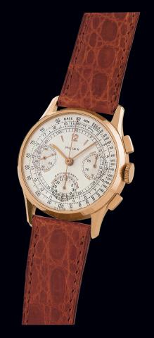 Ref. 3827. Pink Gold Antimagnetic.Rolex Antimagnetic, Ref. 3827. Case No. 57220. Made circa.1941..Very fine and very rare, 18K pink gold gentleman's wristwatch with square button.chronograph, registers, tachometer, telemeter and an 18K pink gold Rolex buc