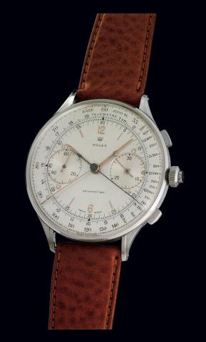Ref. 4113, Chronographe Rattrapante.Rolex, Antimagnetique, Ref. 4113. Case No. 051324. Made in a limited.series of 12 examples in 1942..Exceptionally rare and extremely fine, oversized, stainless steel gentleman's wristwatch with.square button split-secon
