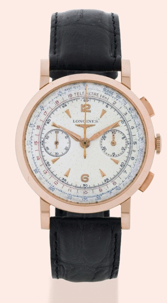 Longines, Chronograph.No. 8441486, Ref. 6234..Made in the late 1950s..Fine, large, 18K pink gold gentleman's.wristwatch with square button chronograph.register, tachometer and telemeter.