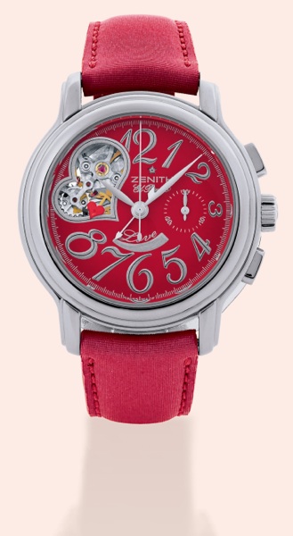 Love.Zenith, Star Open -.El Primero _ Love -.ChronoMaster, Ref. 03 1230 4021..Made in 2004..Fine and unusual, self-winding, waterresistant.stainless steel wristwatch.with square button chronograph, register.power reserve indication and a.Zenith stainless 