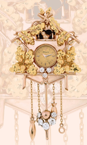 The Cuckoo Clock.Brooch.Rolex, Geneva, Ref..8644. Made in the 1960s..Fine, 18K pink and yellow gold.diamond-set brooch in the form of a.cuckoo clock, with a keyless watch.