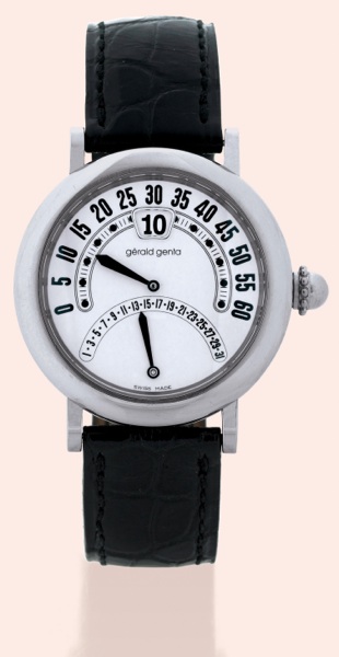 Double Retro.G_rald Genta, Double.R_tro Classic, Ref. G.3734. Made in the 1990s..Very fine and rare, jump hour, self-winding.water-resistant, stainless steel.gentleman's wristwatch with retrograde.minutes, date and a stainless.steel G_rald Genta buckle. A