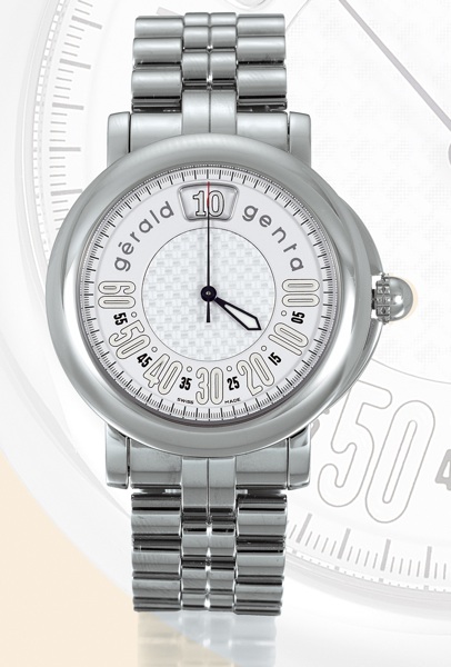 R_tro Sport.G_rald Genta, R_tro Sport, Ref. RSP. X. 10. Made circa 2000..Fine, jump-hour, center-seconds, self-winding, water-resistant.stainless steel gentleman's wristwatch with retrograde minutes and a stainless steel.G_rald Genta link bracelet. Accomp