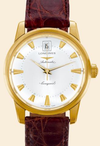 Yellow Gold.Conquest Calendar.Longines, Conquest Calendar.Automatic, Ref. 26.038.978..Made circa 2000..Fine, center-seconds, self-winding, waterresistant.18K yellow gold gentleman's.wristwatch with date.