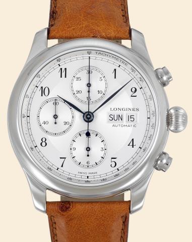 Longines, Weems Chronograph.Automatic.No. 2699, Ref 6745251..Made in limited edition for Swiss Air in.the 1990s. Sold in 1994..Fine, water-resistant, stainless steel.aviator's wristwatch with round button.chronograph, registers, tachometer.day/date and a 