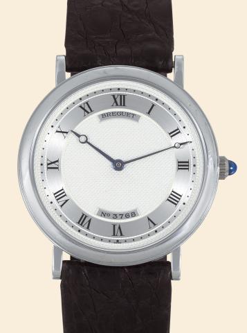 Breguet, No. 3768.Ref. 3200. Made circa.2000..Very fine and elegant, thin, 18K white.gold gentleman's wristwatch with an.18K white gold Breguet buckle. Accompanied.by a fitted box.