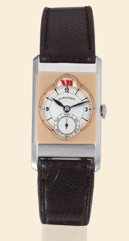 Longines, No 5408923, Ref. 1518. Made in.the 1930s..Very fine and elegant, rectangular, stainless.steel Staybrite and gold gentleman's wristwatch.
