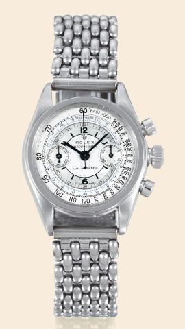 Ref. 3184 Stainless Steel Antimagnetic, Three-Tone Dial.Rolex, Oyster Chronograph Antimagnetic, Ref. 3184. Made circa 1935..Very fine and extremely rare, stainless steel, water-resistant, mid-sized wristwatch.with round-button chronograph, register, tacho