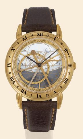 Astrolabium Galileo Galilei.Ulysse Nardin, Locle, Suisse, Astrolabium Galileo Galilei.No. 230, Ref. 951-22. Made in August 1988..Very fine and unusual, astronomic, self-winding, water-resistant, 18K yellow gold.gentleman's wristwatch with astrolabe, days 