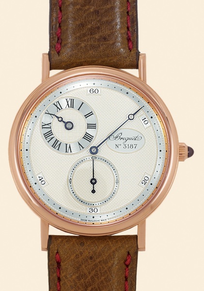 Breguet, No. 3187, Ref. 3690. Made in a.limited edition of 20 pieces in pink gold.in 1996, sold on April 30, 1998..Very fine and rare, 18K pink gold gentleman's wristwatch.with regulator dial and an 18K pink gold.Breguet buckle. Accompanied by a fitted bo