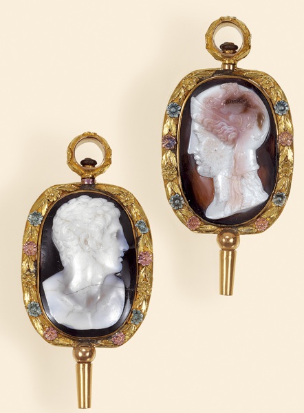 The Emperor Augustus Minerva.Giuseppe Cerbara, Italian. Made circa 1820..Extremely fine and very rare, double-sided hardstone cameo in a varicolored gold watch key mount.