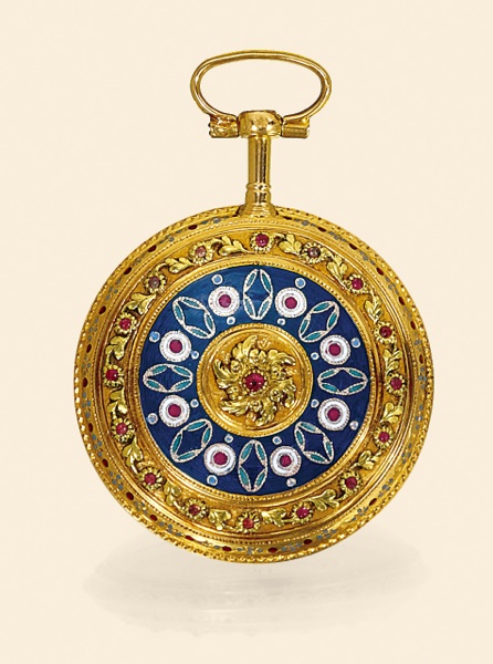Enamel Rosette.Marchand fils A Paris. Made circa 1780..Fine and unusual, slim, 18K varicolored gold and enamel lady
