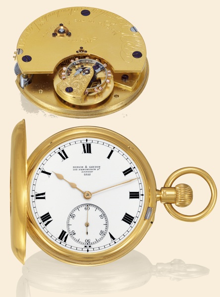 Karrusel.Birch Gaydon, Makers to the Admiralty, 153.Fenchurch St. London, No. 2555. Ebauche by.Bahne Bonniksen. London hallmarks for 1904-1905..Very fine and rare, keyless, half-hunting cased 18K yellow gold pocket.chronometer with 52-minute Bonniksen p