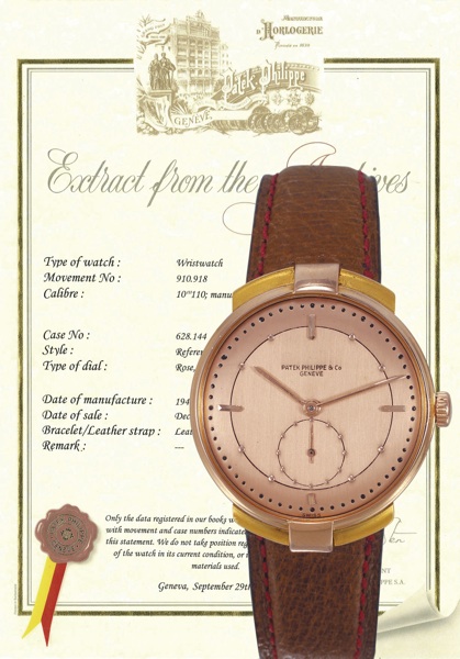 Ref. 1545, Pink.Gold Hooded Lugs.Patek Philippe Co..Geneve, No. 910918, case No. 628144.Ref. 1545. Made in 1942 and sold on.December 23rd, 1942..Fine and rare, 18K pink gold, gentleman