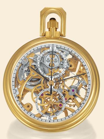 Skeletonized Chronograph.G_rald Genta, No. 6347, case No. 6153, Ref. G1507.retailed by Tourneau. Made in the 1980s..Very fine, keyless, skeletonized, 18K yellow gold pocket.watch with chronograph and register.