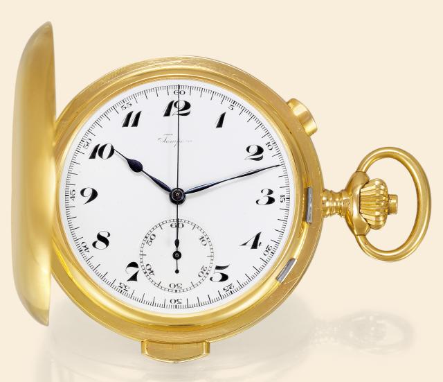 Minute Repeater Chronograph.Tempora (Le Phare), Le Locle La Chaux de.Fonds, No. 259617. Made circa 1915..Fine, large, minute-repeating, 18K gold hunting-cased keyless.pocket watch with chronograph.