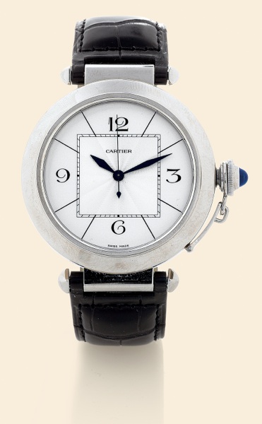 White Pasha 42 mm..Cartier, Pasha. Made.in 2005..Fine, large, center seconds, self-winding.water-resistant, 18K white gold.gentleman's wristwatch.