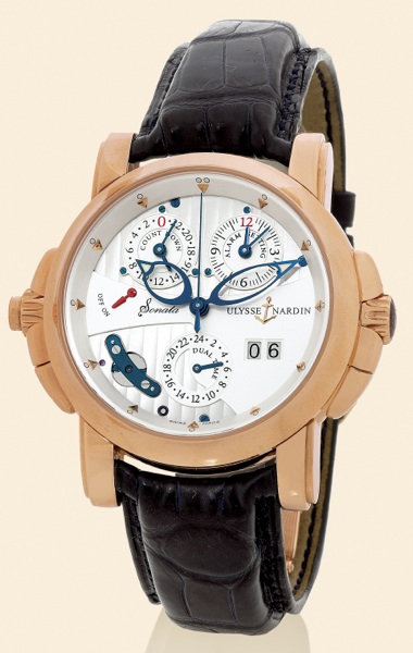 Pink Gold Sonata Cathedral Dual Time.Ulysse Nardin, Locle, Suisse, Sonata Cathedral Dual Time, No. 023.Ref. 666-88. Made in 2004..Very fine, rare and unusual, center seconds, self-winding, water-resistant.two-time-zone, 18K pink gold gentleman