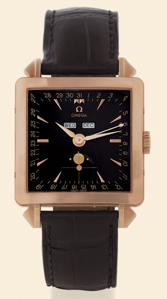 Cosmic.Omega, The Omega Museum Collection.Cosmic - Collector's Series Number.Two, No. 0767/1951, Ref. 1951. Made in the late 1990s..Very fine, square, astronomic, 18K pink gold gentleman's.wristwatch with triple date, moon phases and an 18K pink.gold Omeg