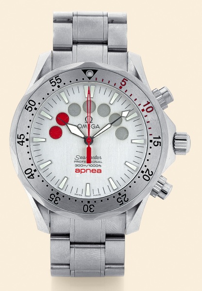Seamaster Jacques Mayol.Omega, Seamaster Professional Apnea.300 m/100 ft, No. 59571067. Made in a.limited number circa 2004..Fine, self-winding, water resistant to 300m/1000ft, stainless.steel gentleman's wristwatch with round button chronograph.short-ter