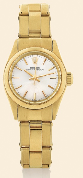 Rolex, Oyster Perpetual.Ref. 6618. Made.in the 1960s..Fine and rare, center seconds, selfwinding.water-resistant, 18K yellow.gold lady's wristwatch with an 18K.yellow gold Rolex Oyster bracelet. Accompanied.by a fitted box and warranty.(now void).