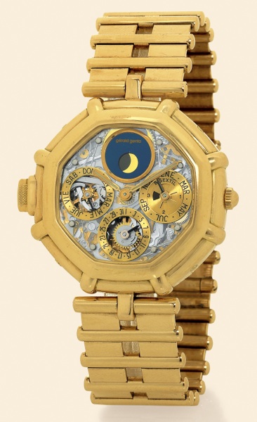 G_rald Genta, No. 148, Ref. G.3019.4. Made in the 1990s..Very fine and rare, octagonal, minute-repeating, astronomic.skeletonized, self-winding, water resistant, 18K.yellow gold gentleman's wristwatch with perpetual calendar, moon phases.and an 18K yellow