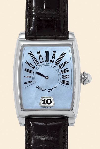 R_tro Solo.G_rald Genta.R_tro Solo, Ref..G3671. Made circa 2000..Fine, tonneau-shaped and curved, jumphour.self-winding, water-resistant, stainless.steel gentleman's wristwatch with.retrograde minutes and a stainless steel G_rald.Genta buckle. Accompanied