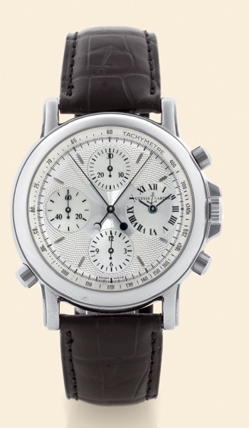 Chrono split.Berlin 1907.Ulysse Nardin, Le Locle.Suisse, Chrono split Berlin 1907, No..171, Ref. 593-22. Made in the late 1990s..Fine, large, self-winding, water-resistant.stainless steel gentleman's wristwatch.with round button split-seconds.chronograph,