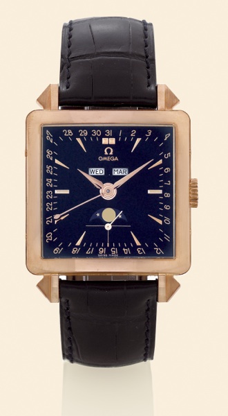 1921 Cosmic.Omega, The Omega Museum Collection _.Cosmic - Collector's Series Number Two.Ref. 1951. Made in 2001..Fine, square, self-winding, water-resistant, astronomic, 18K.pink gold gentleman's wristwatch with triple date calendar.moon phases and an 18K