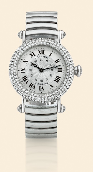 Diabolo.Cartier, Diabolo M_canique, Ref. 1464..Made in the 1980s..Fine and elegant, water-resistant, 18K white gold and.diamonds mid-size wristwatch with an 18K white gold Cartier.link bracelet with double deployant clasp. Accompanied by 9.extra links.