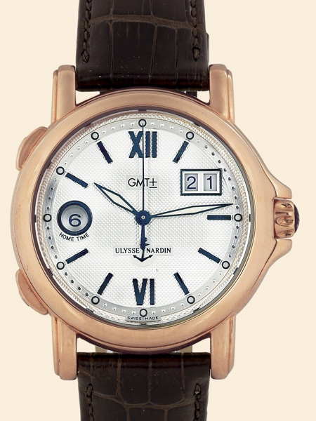 Ulysse Nardin, Le.Locle, Suisse, 'GMT+/- Big Date', No..165, Ref. 226.87. Made circa 1995..Fine, center-seconds, self-winding.water-resistant, 24-hour second time.zone, 18K pink gold gentleman's wristwatch.with date and an 18K pink gold.Ulysse Nardin buck