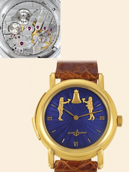 Yellow Gold R_p_tition Minutes Jaquemart Forgerons.Ulysse Nardin, Le Locle, Suisse, No. 2, ref 701-22. Made in 1991..Very fine and rare, water-resistant, minute repeating, 18K yellow gold gentleman's wristwatch.with gold Jaquemarts and an 18K yellow gold 