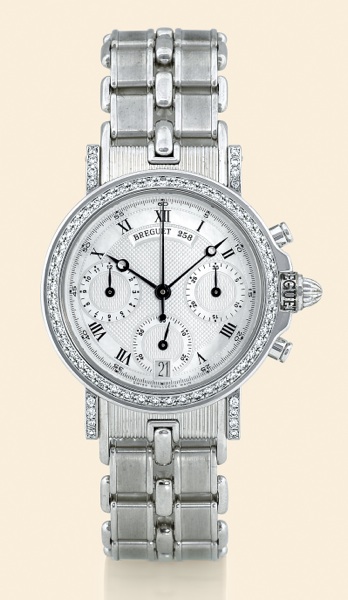 Chronographe.Automatique.Marine.Breguet, Horloger de la Marine, Marine.No. 258, Ref. 2581. Made in the 1990s..Fine, self-winding, water-resistant to.50 meters, 18K white gold and diamond.mid-sized wristwatch with.round button chronograph, registers.date, 